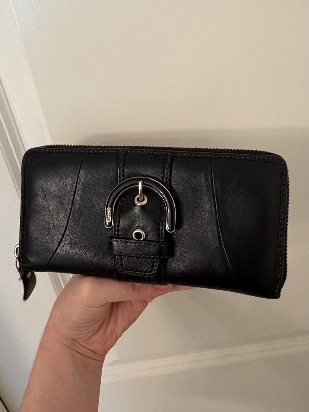 Coach Black Leather Zip Wallet with Silver Buckle Accent
